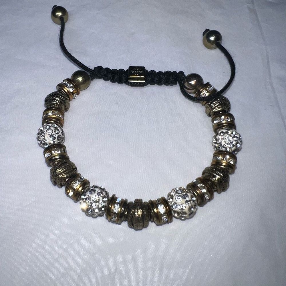 Burnished Gold Tone And Crystal Bead Pull Cord Bracelet